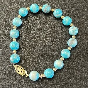 19.  Blue Glass Gold-tone Spacers Box Clasp Vintage Bracelet